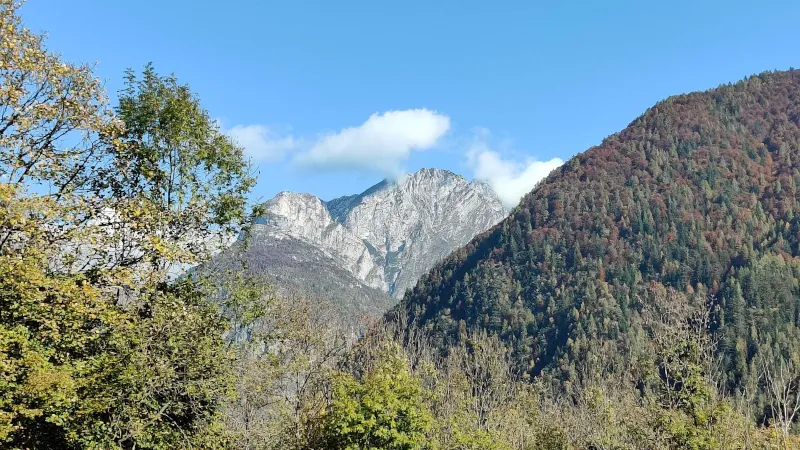 Panorama montano autunnale con colori caldi del foliage